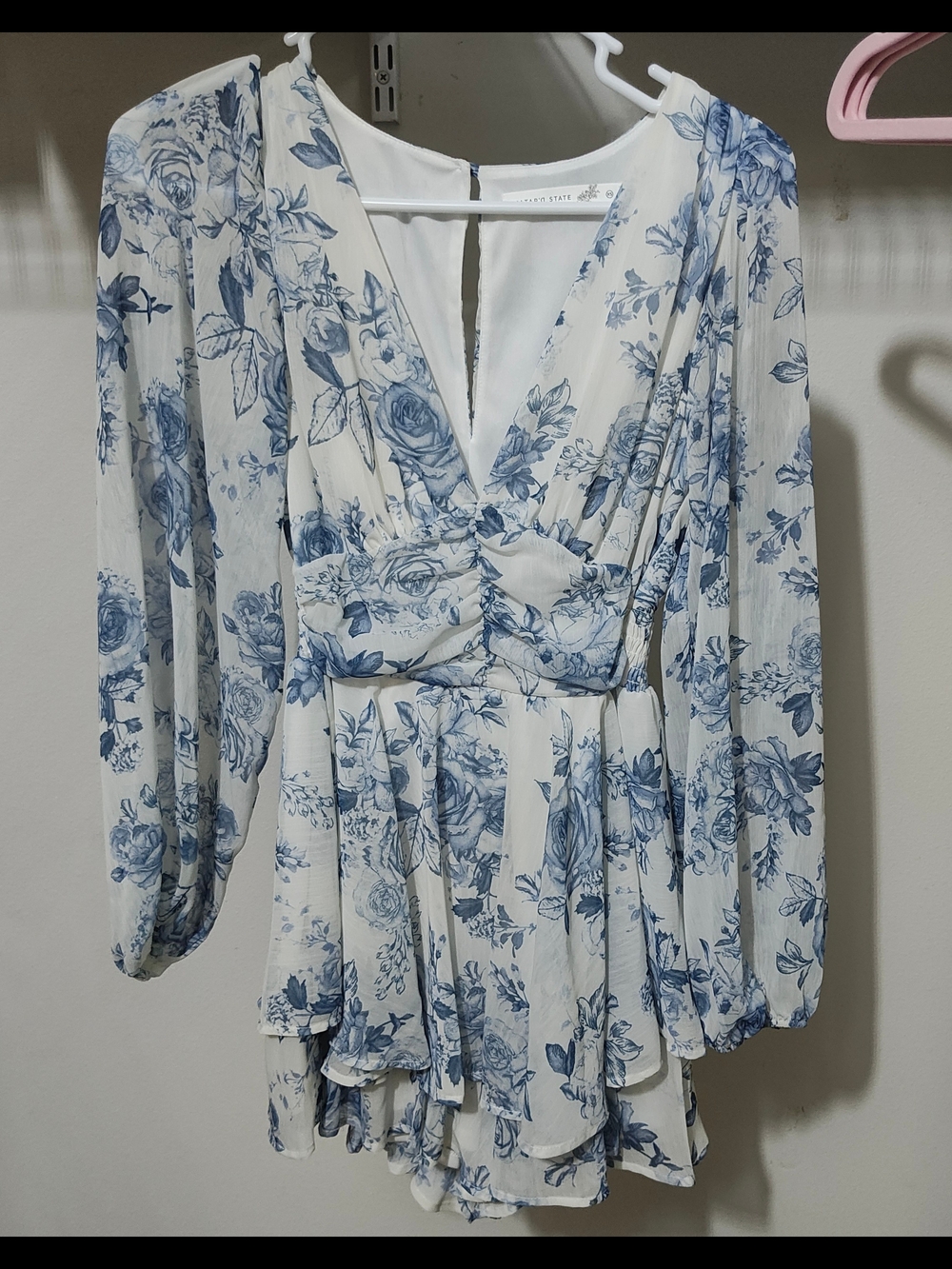 Altar'd State Blue Floral White V-Neck Long Sleeve Dress